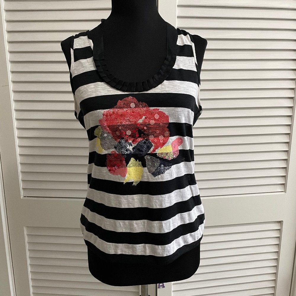 Anthropologie Black White Striped FlowerTank